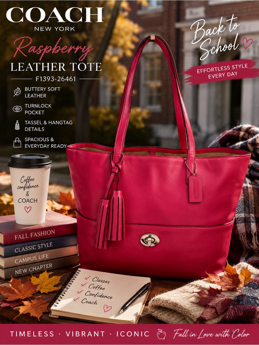 Coach Legacy Turn Lock Pocket Raspberry Tote F1393-26461 Buttery Leather